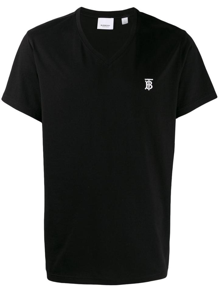 Burberry Tb Embroidered Logo V-neck T-shirt - Black