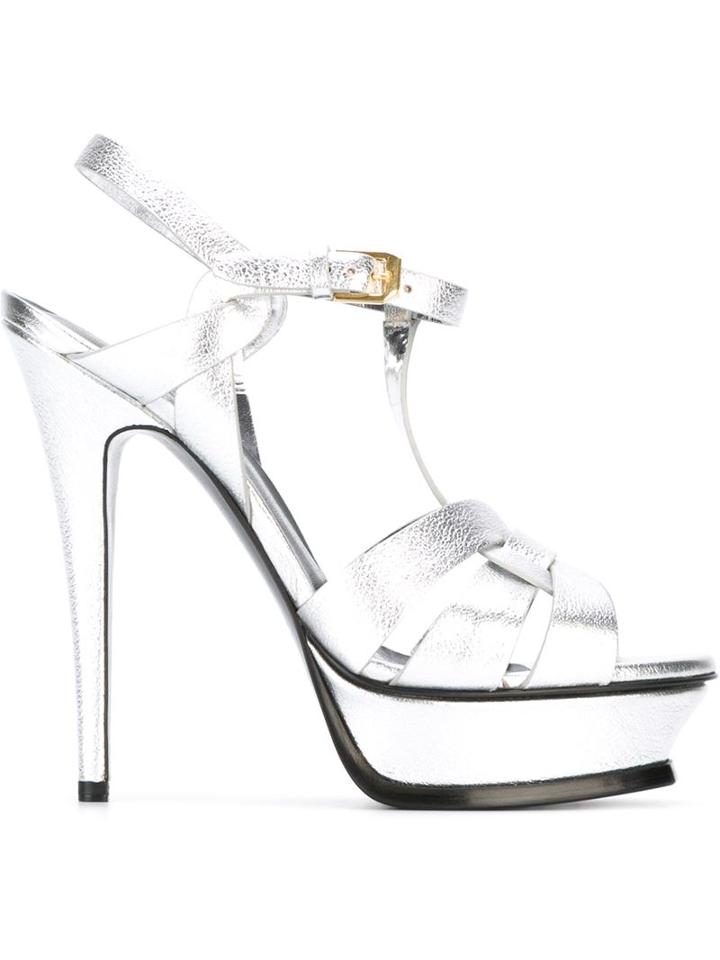Saint Laurent Tribute Sandals, Women's, Size: 39, Grey, Calf Leather/leather