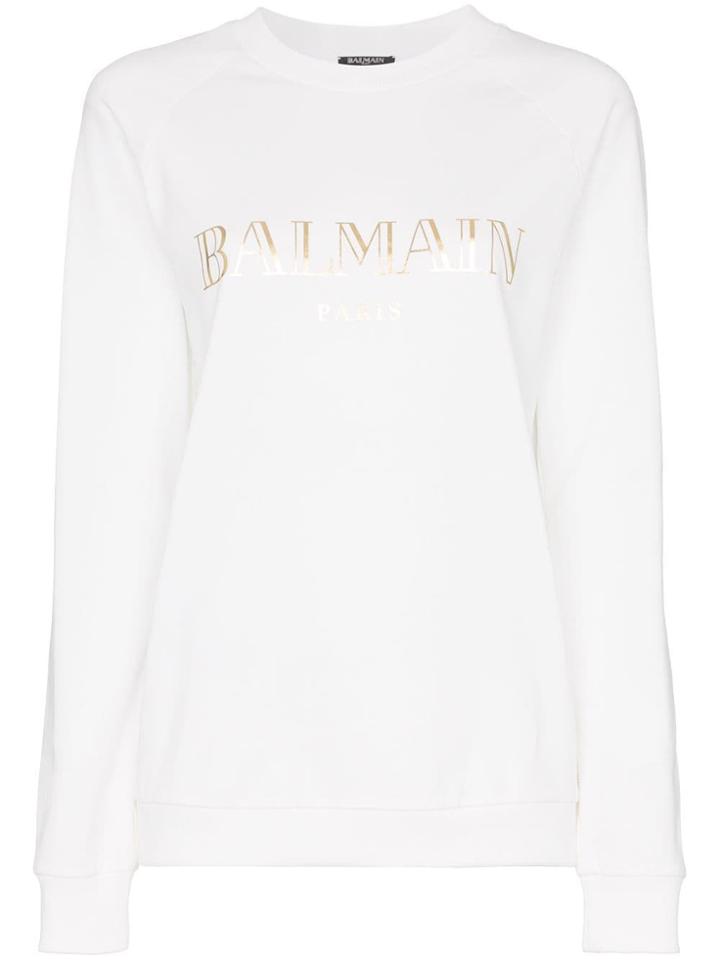 Balmain White Logo Print Cotton T Shirt