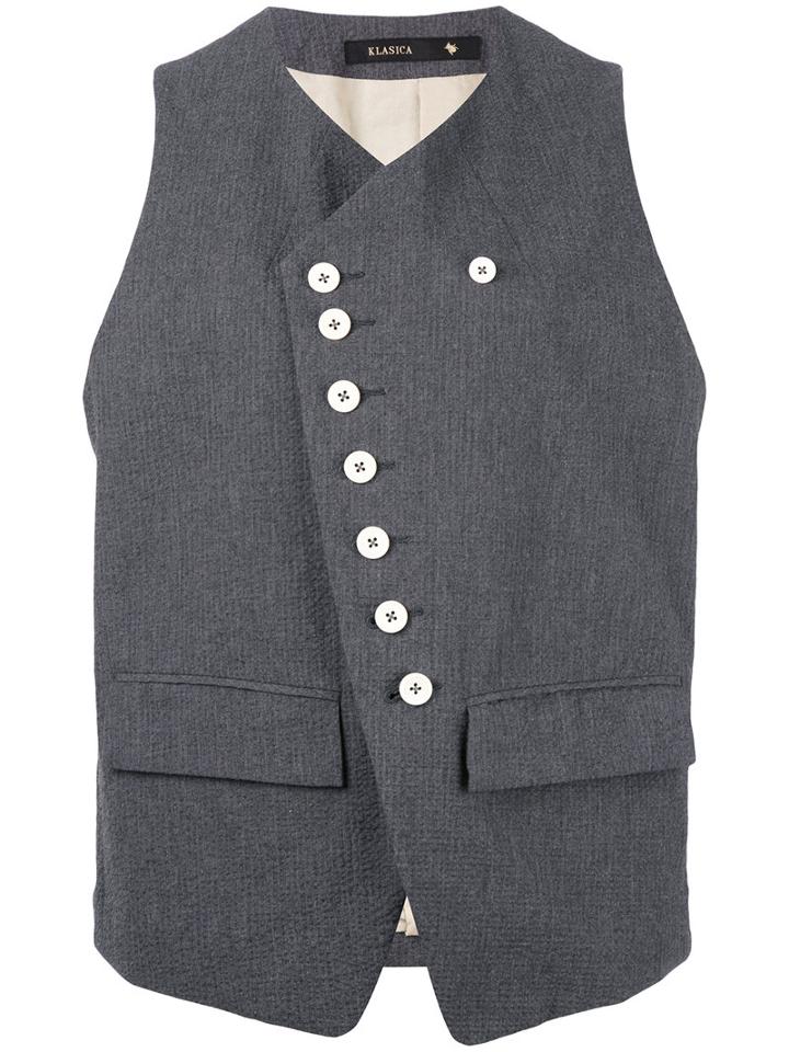 Klasica - Button Detail Waistcoat - Women - Cotton - 4, Grey, Cotton