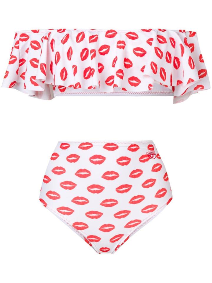 Chiara Ferragni Lip Print Frill Bikini - White