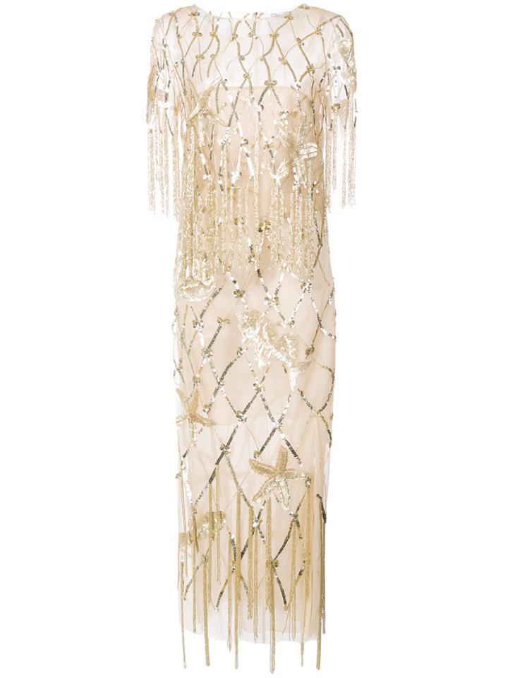 Oscar De La Renta Fringed Sequined Gown - Metallic
