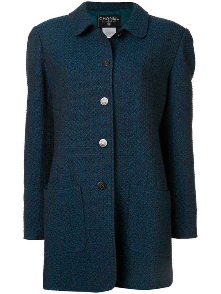 Chanel Pre-owned Slim Tweed Coat - Blue