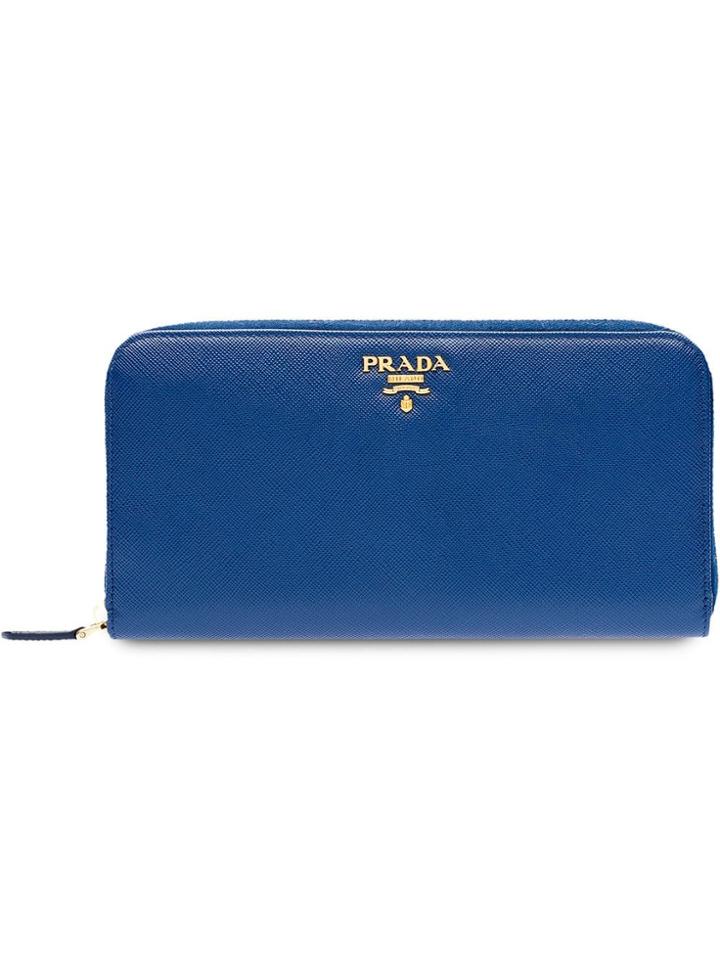 Prada Logo Zip Around Wallet - Blue