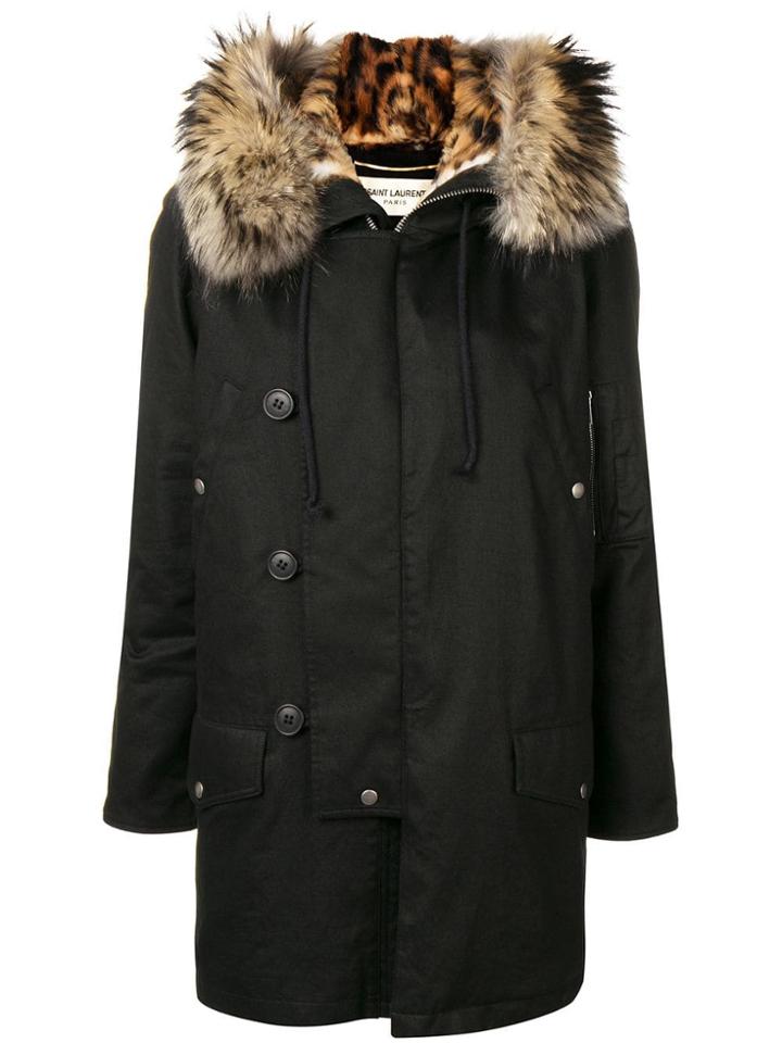 Saint Laurent Fur Trimmed Hooded Parka - Black