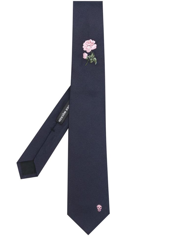 Alexander Mcqueen Rose Embroidery Tie - Blue