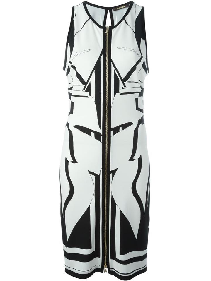 Roberto Cavalli Print Front Zip Dress, Women's, Size: 46, White, Spandex/elastane/viscose