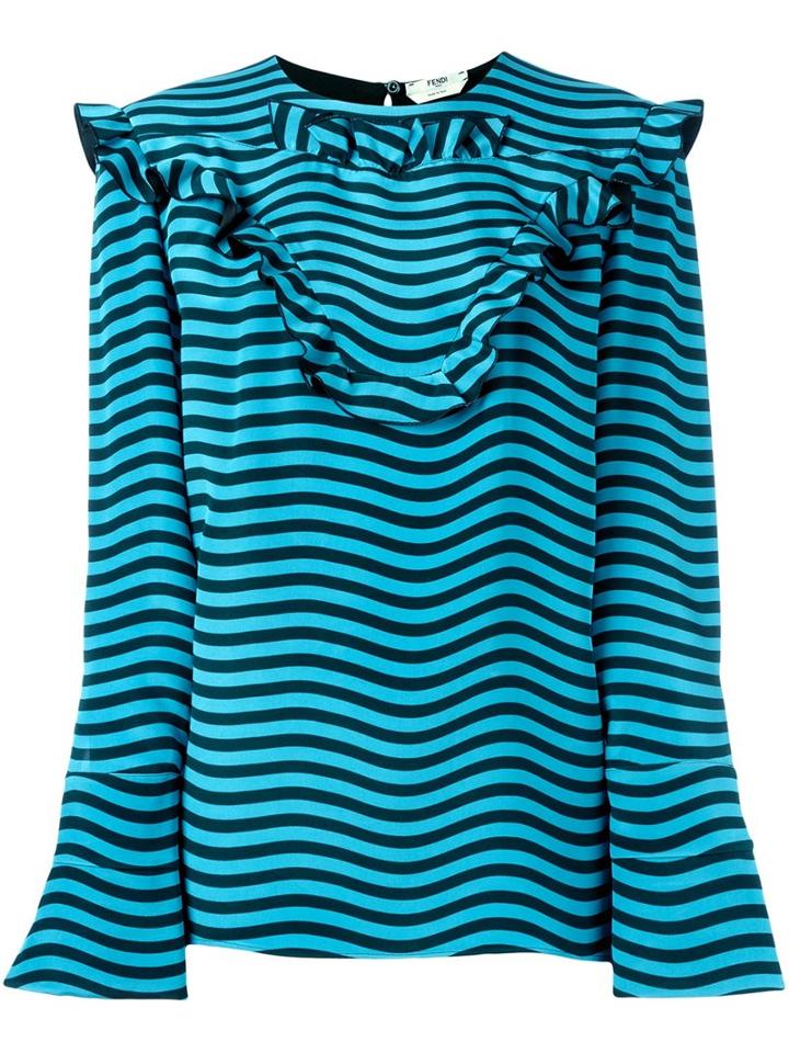 Fendi Ruffled Striped Blouse, Women's, Size: 42, Blue, Silk