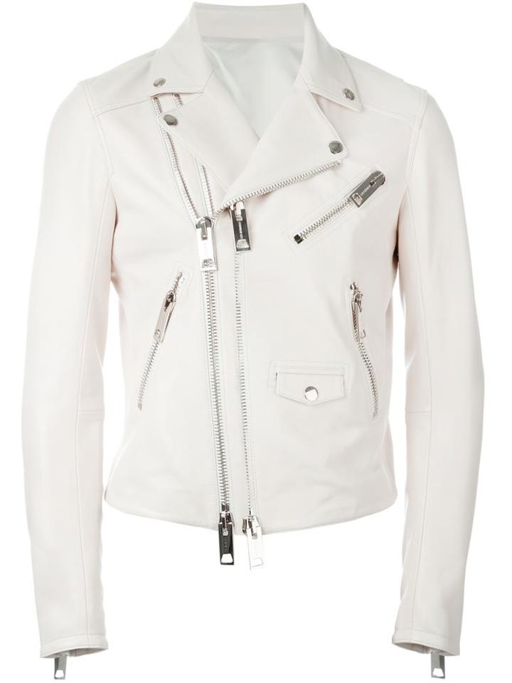 Les Hommes Double Zip Biker Jacket, Men's, Size: 50, White, Leather/acetate