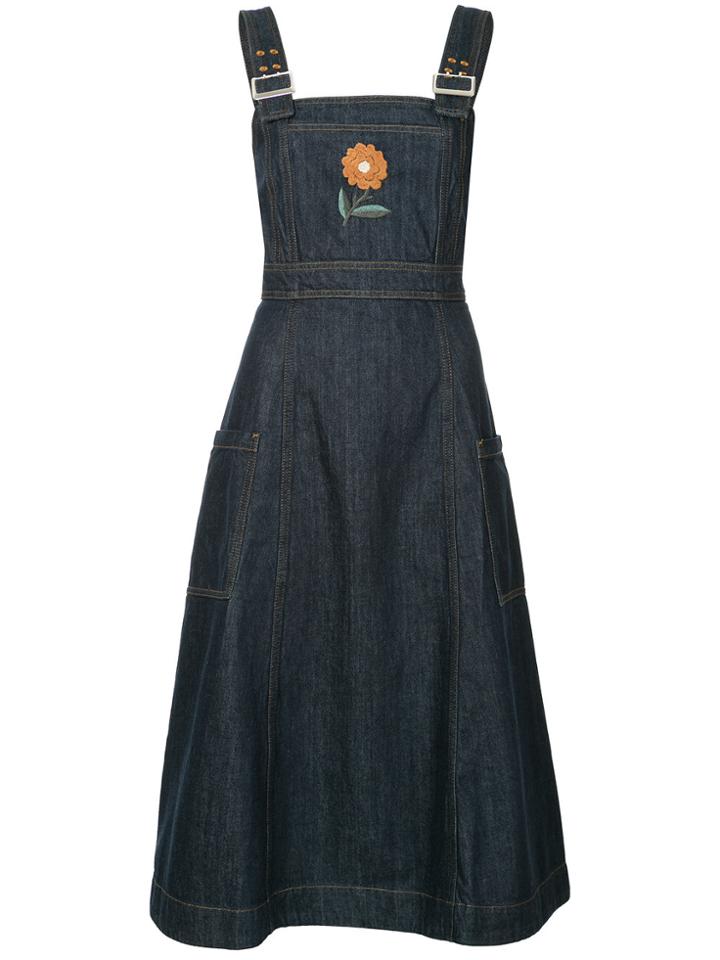 Alexa Chung Flower-embroidered Denim Pinafore Midi Dress - Blue
