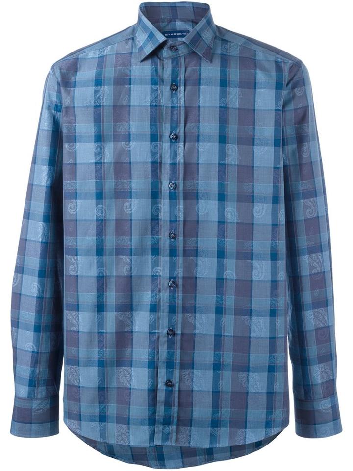 Etro Macro Check Shirt, Men's, Size: 43, Blue, Cotton