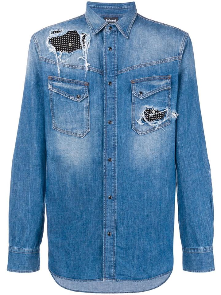 Just Cavalli Rhinestone Panel Denim Shirt - Blue