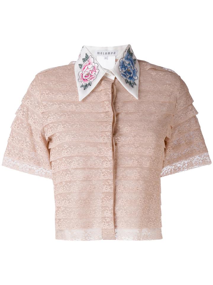 Melampo - Embroidered Peony Cropped Shirt - Women - Silk/cotton/nylon/spandex/elastane - 42, Nude/neutrals, Silk/cotton/nylon/spandex/elastane