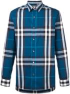 Burberry Plaid Button Down Shirt, Men's, Size: Medium, Blue, Cotton/polyamide/spandex/elastane