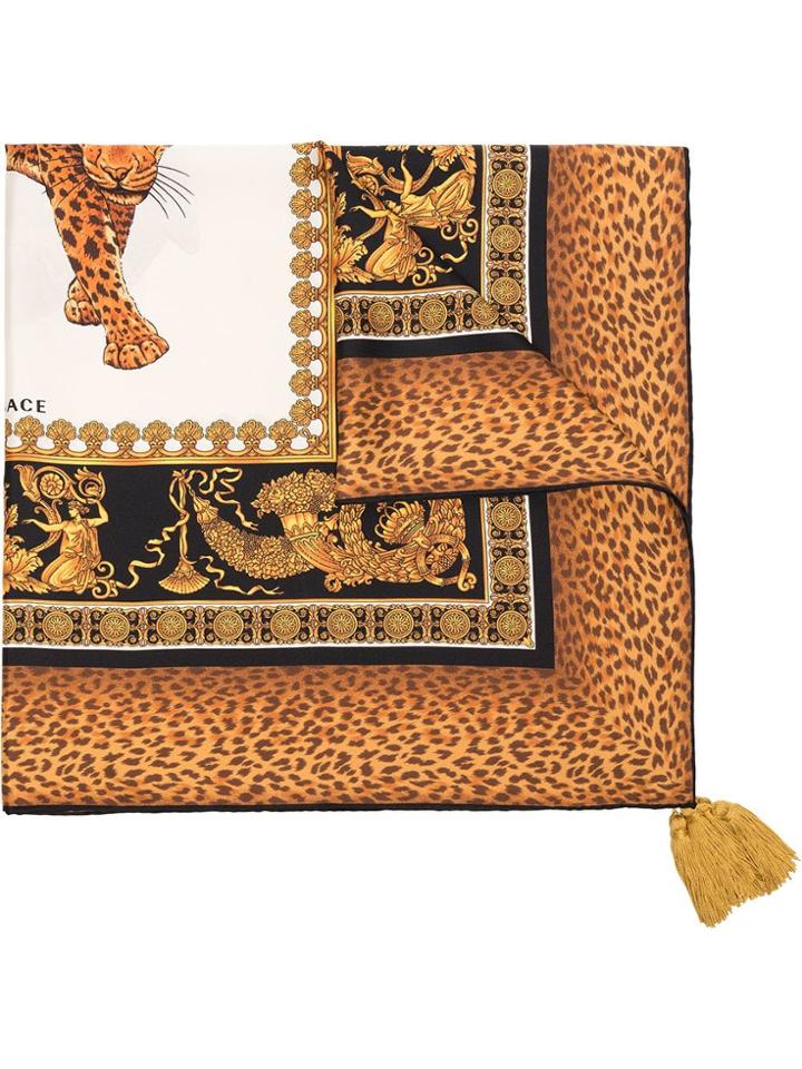 Versace Brown, Yellow And Black Baroque And Leopard Print Silk Scarf -