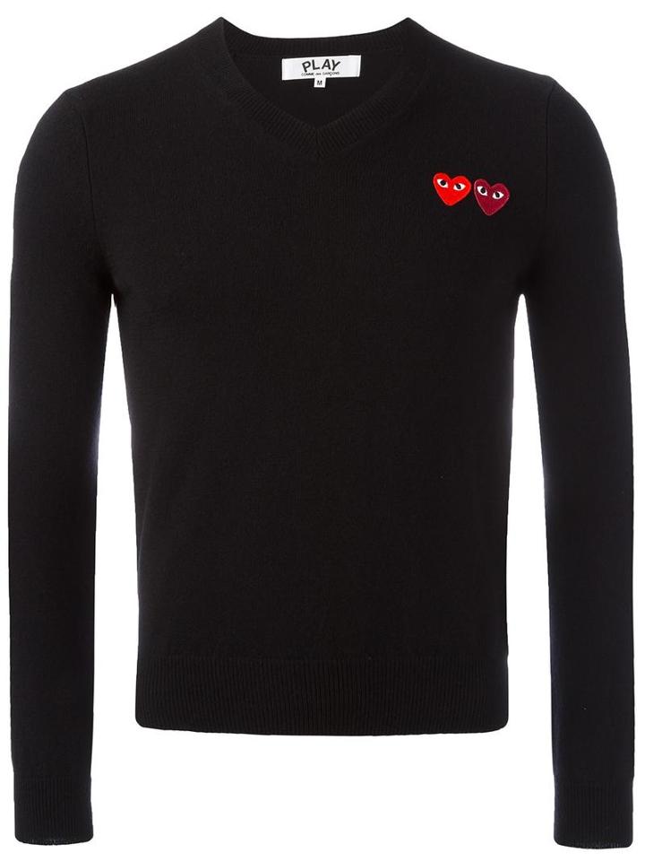 Comme Des Garçons Play V Neck Fine Knit Jumper, Men's, Size: Large, Black, Wool