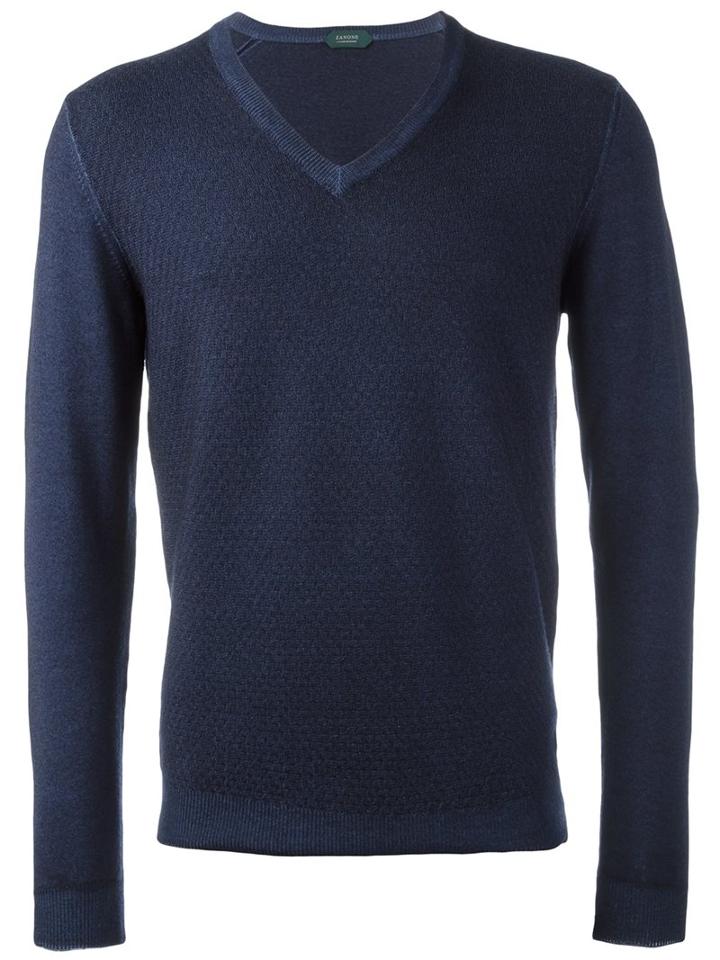 Zanone V-neck Pullover, Men's, Size: 56, Blue, Virgin Wool
