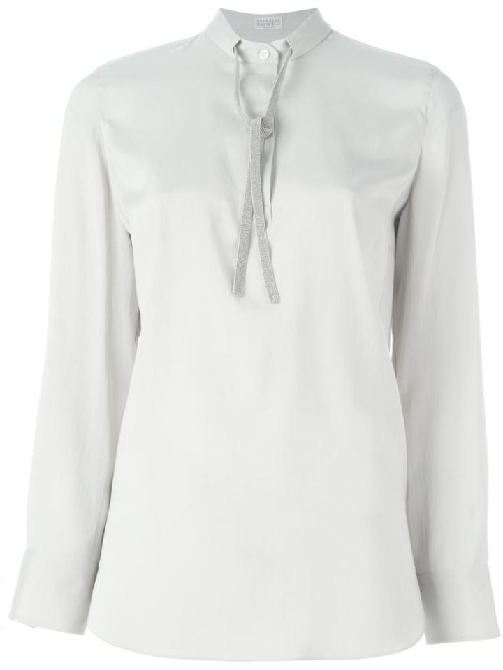 Brunello Cucinelli Metallic Neck Tie Blouse, Women's, Size: Small, Grey, Silk/spandex/elastane