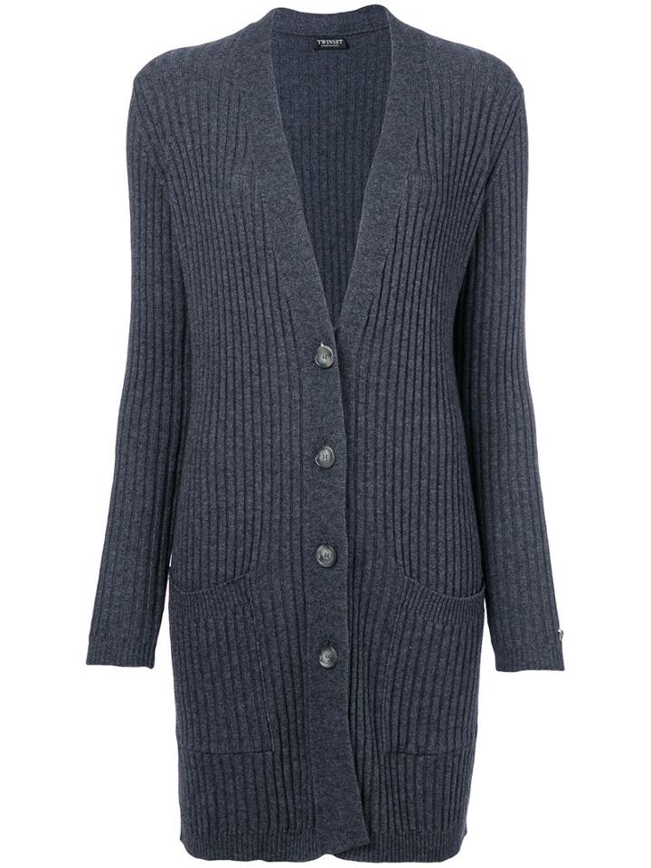 Twin-set - Deep V-neck Ribbed Cardigan - Women - Polyamide/viscose/cashmere/wool - M, Grey, Polyamide/viscose/cashmere/wool