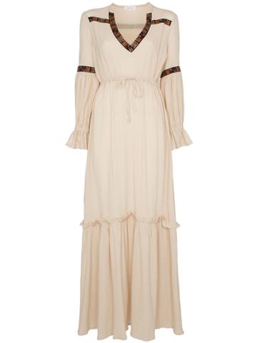 Celia Dragouni Gathered Sleeve V-neck Cotton Dress - Neutrals