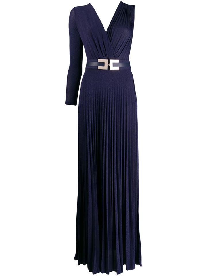 Elisabetta Franchi Pleated Asymmetric-sleeve Gown - Blue