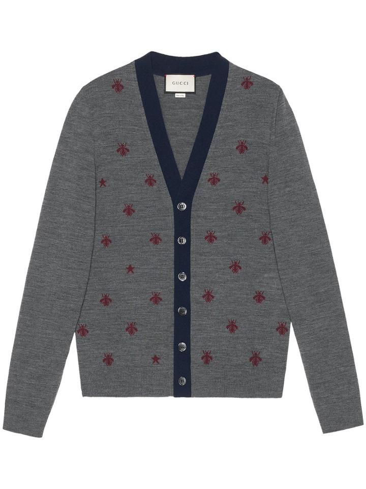 Gucci - Wool Cardigan With Bees And Stars - Men - Wool - L, Grey, Wool