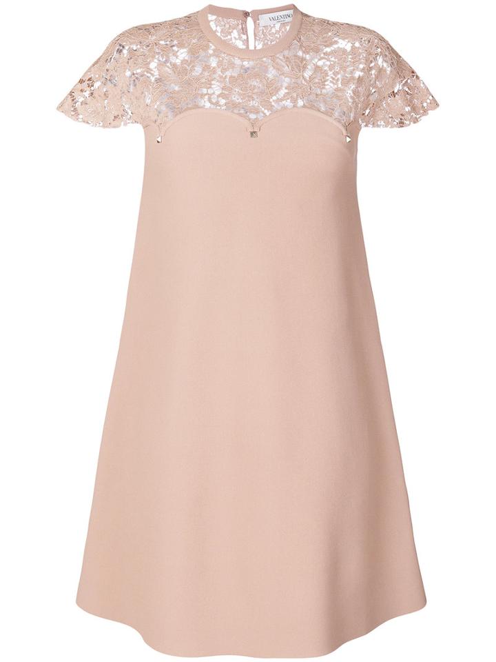 Valentino - Lace Detail Cap Sleeve Dress - Women - Polyester/viscose - Xs, Nude/neutrals, Polyester/viscose