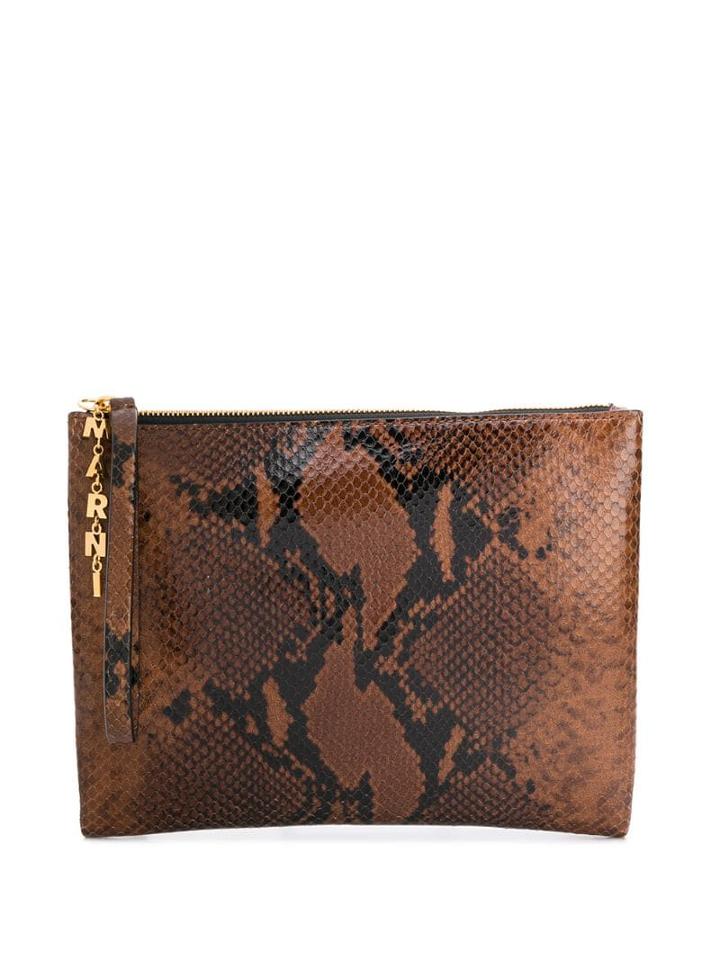 Marni Embossed Snakeskin Print Clutch - Brown
