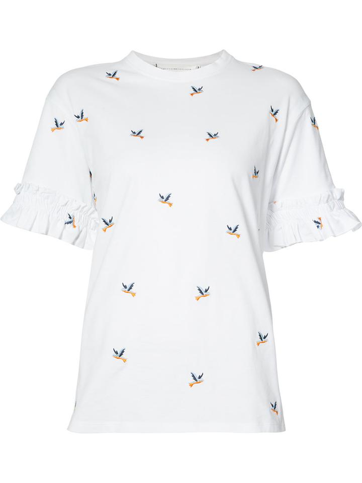 Victoria Victoria Beckham - Embroidered Birds Ruffled T-shirt - Women - Cotton - M, Women's, White, Cotton