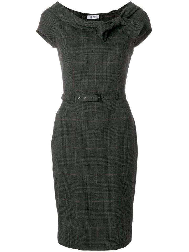 Moschino Pre-owned Plaid Belted Fitted Dress - Grey