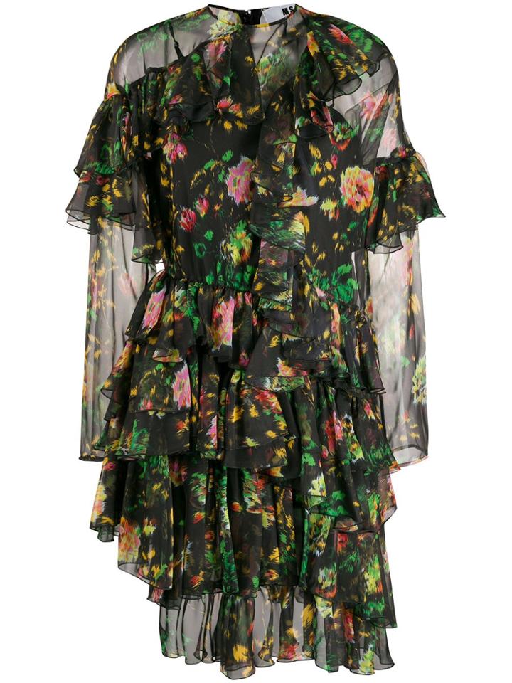 Msgm Floral Print Ruffled Dress - Black