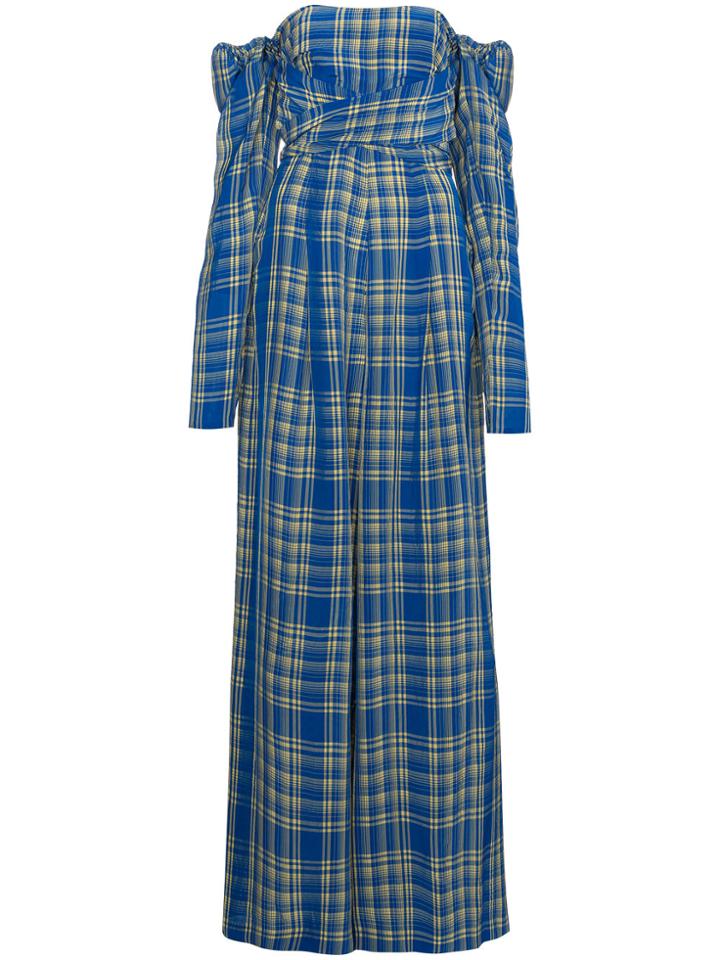 Rosie Assoulin Off The Shoulder Plaid Jumpsuit - Blue