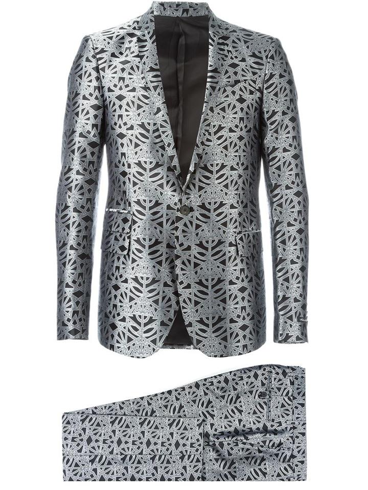 Les Hommes Geometric Jacquard Suit, Men's, Size: 52, Grey, Polyester/silk/viscose/rayon