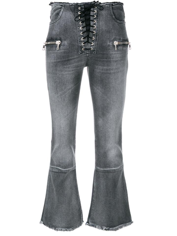 Unravel Project Lace Up Front Cropped Jeans - Grey