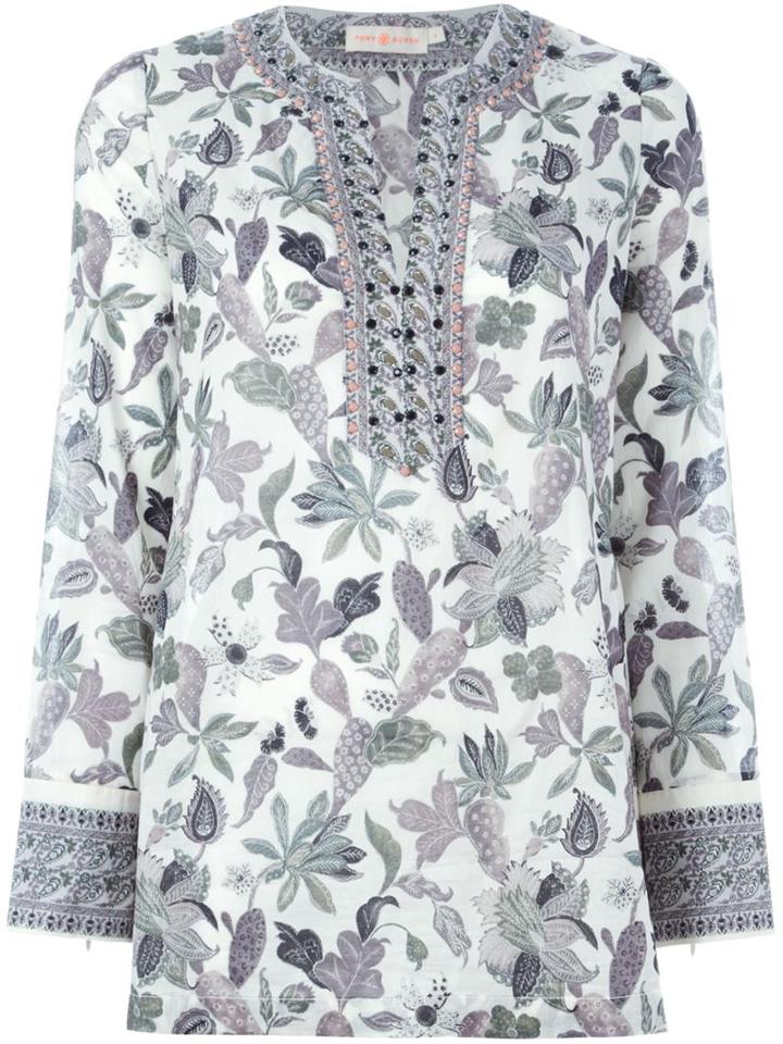 Tory Burch Floral Print Blouse, Women's, Size: 14, Nude/neutrals, Cotton