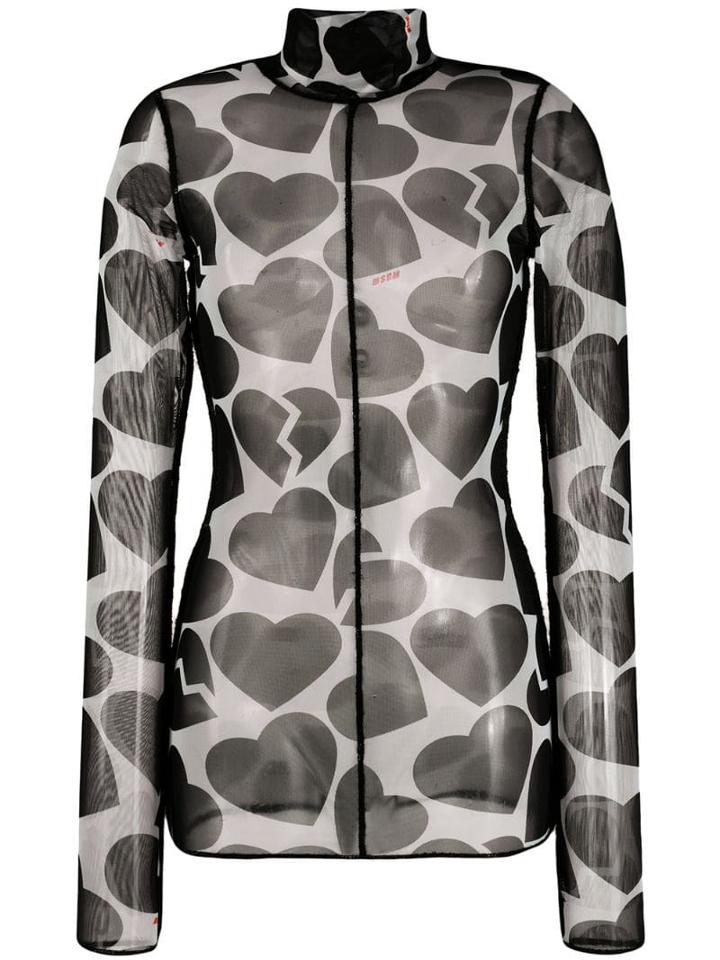 Msgm Heart Print Sheer Top - Black