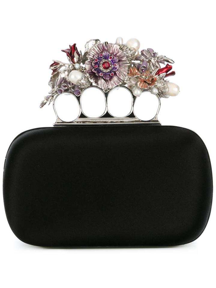 Alexander Mcqueen Knuckle Flower Clutch, Women's, Black, Metal/silk/pearls/glass