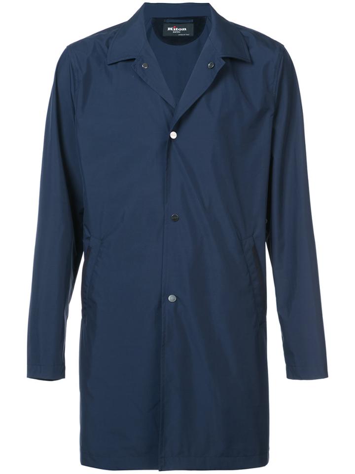 Kiton Long Sleeved Button Up Coat - Blue