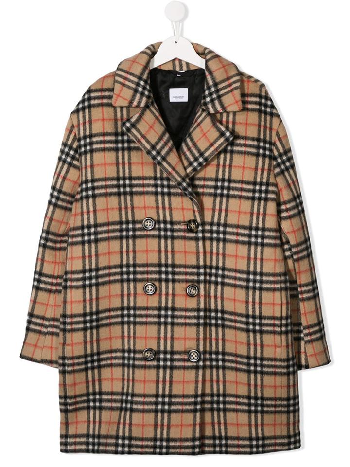 Burberry Kids Check Double-breasted Coat - Neutrals