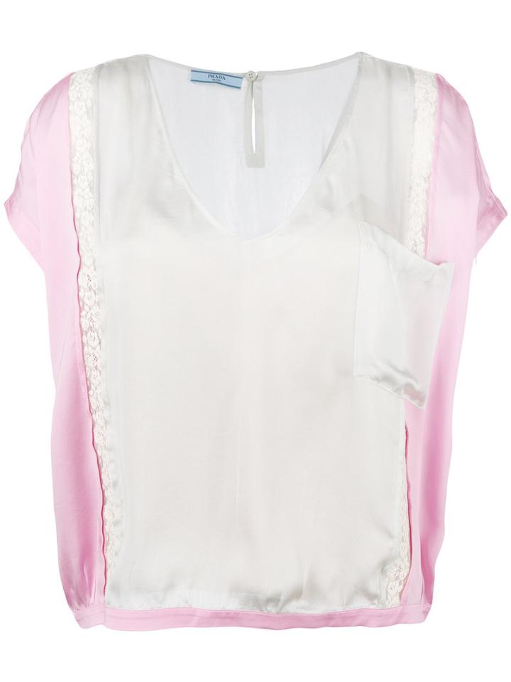 Prada Lace Detail V-neck Blouse, Women's, Size: 42, Nude/neutrals, Silk