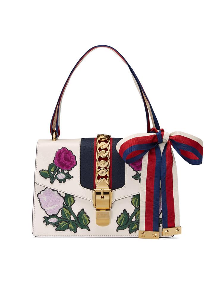 Gucci Sylvie Embroidered Small Shoulder Bag - White
