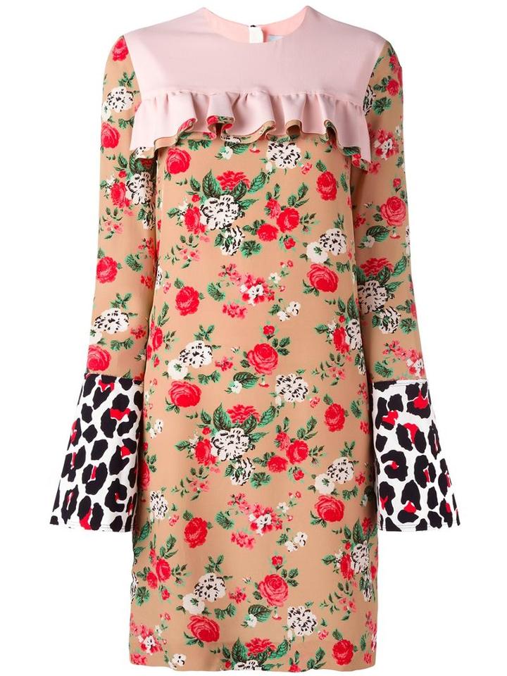 Msgm Ruffle Front Multi Print Dress, Women's, Size: 40, Nude/neutrals, Silk/polyester