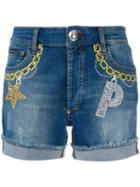 Philipp Plein Embroidered Denim Shorts, Women's, Size: 29, Blue, Cotton/spandex/elastane