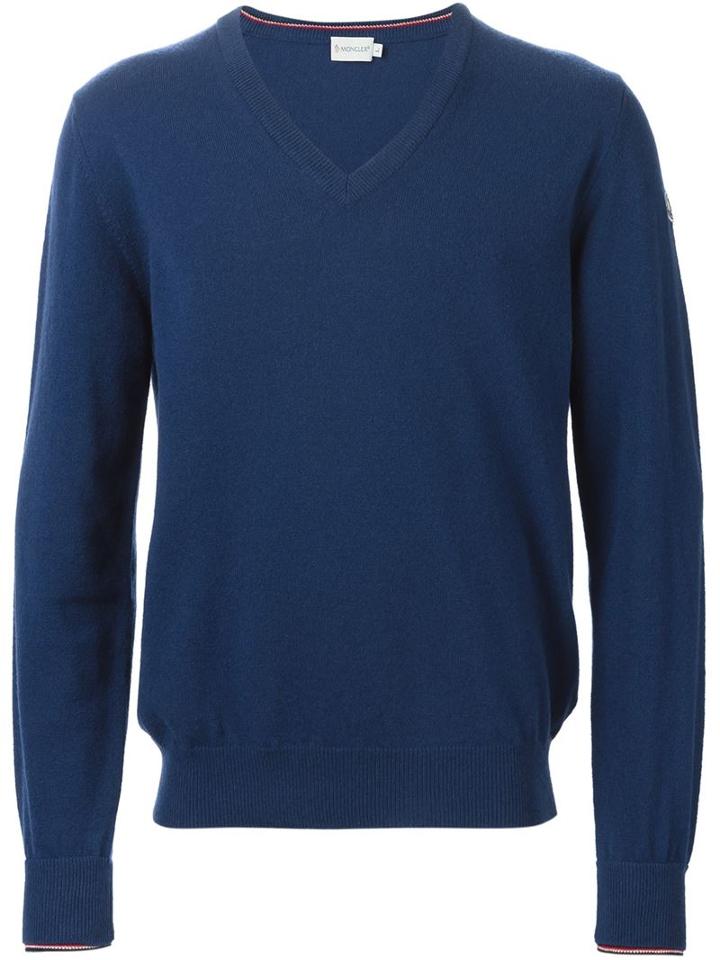 Moncler V-neck Jumper, Men's, Size: Medium, Blue, Wool