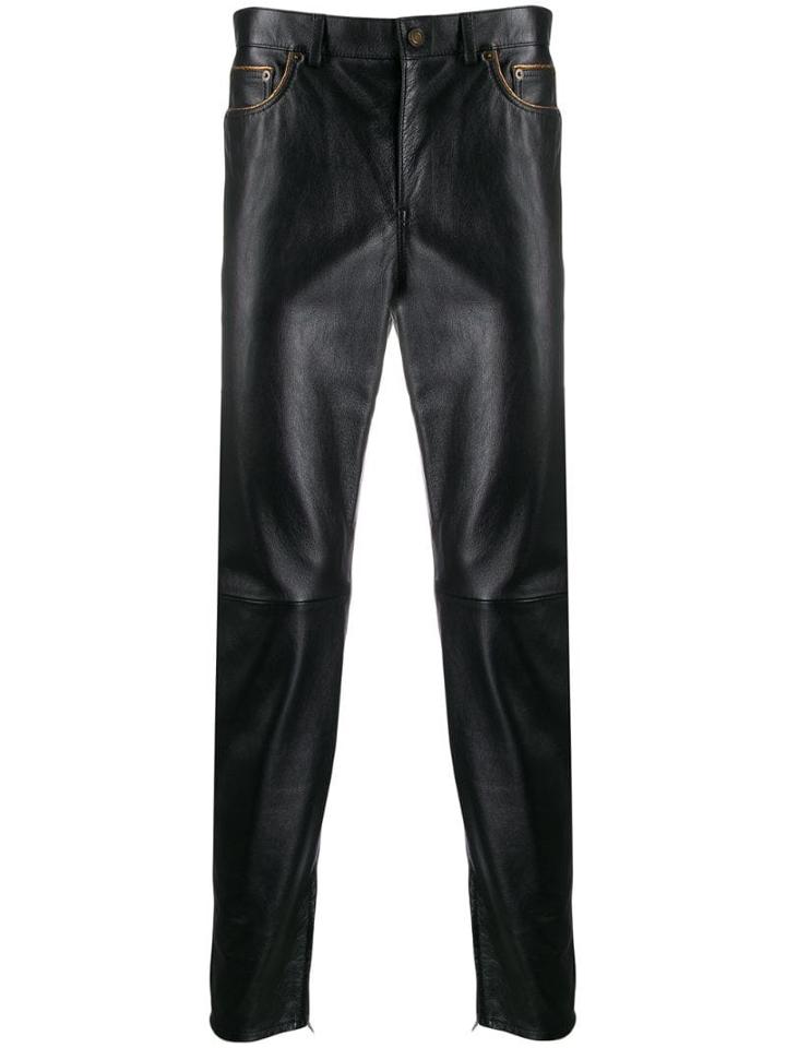 Saint Laurent Contrast Piping Leather Trousers - Black