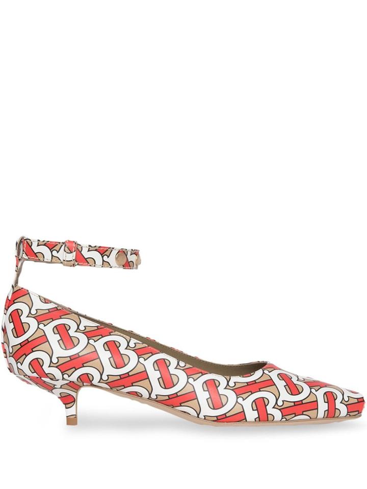 Burberry Monogram Print Leather Peep-toe Kitten-heel Pumps - Neutrals