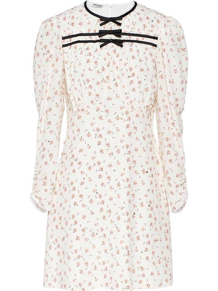 Miu Miu Floral Printed Marocain Dress - White