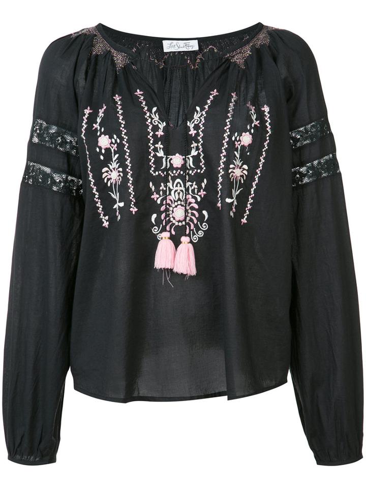 Love Shack Fancy Embroidered V Neck Top, Women's, Size: 2, Black, Cotton