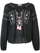 Love Shack Fancy Embroidered V Neck Top, Women's, Size: 2, Black, Cotton