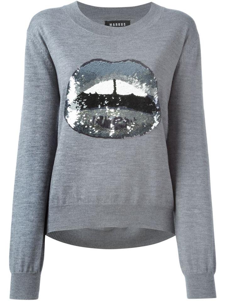 Markus Lupfer Sequinned Lips Appliqué Sweater, Women's, Size: Large, Grey, Merino